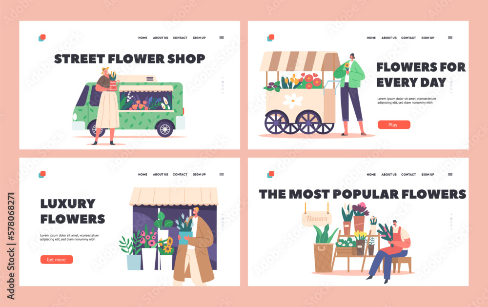 Street Flower Shop Landing Page Template Set. Customers Buying Flower Bouquets, Florists Caring of Plants, Making Design