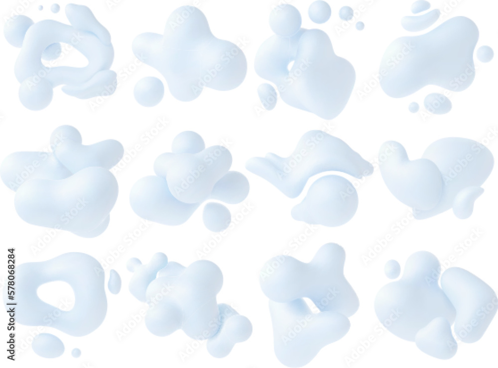 Liquid 3d white shapes, abstract fluid morphing organic compositions. Modern bubbles and metaballs. Pithy decorative plasticine render vector designs