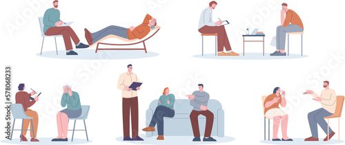 Psychotherapy scenes with psychologist and depression patient. Psychology support, mental social help. Counseling therapy in office kicky vector characters