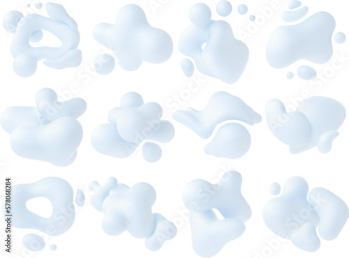 Fototapeta Naklejka Na Ścianę i Meble -  Liquid 3d white shapes, abstract fluid morphing organic compositions. Modern bubbles and metaballs. Pithy decorative plasticine render vector designs