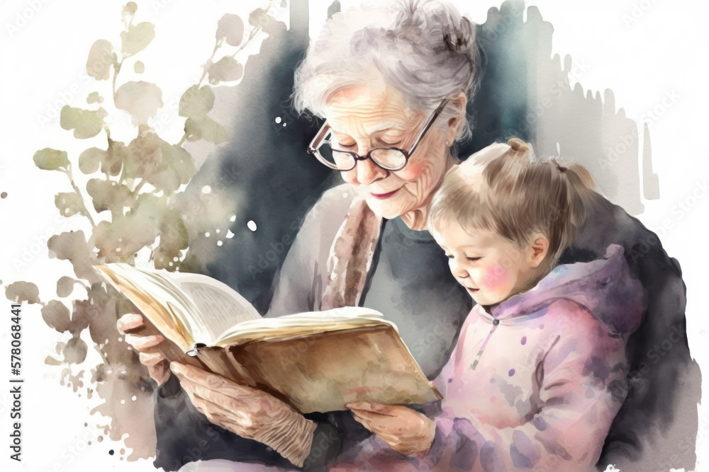 Grandma reading a book to her grandchild, Generative AI - obrazy, fototapety, plakaty 