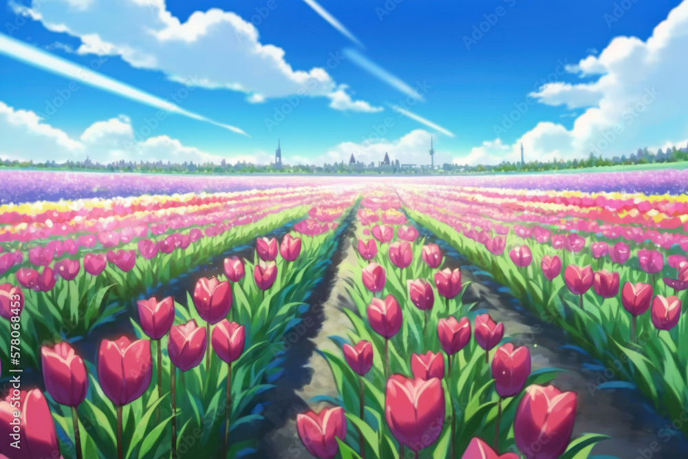 Tulip field and blue sky, Generative AI