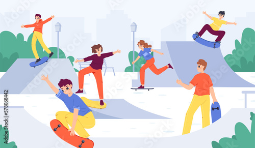 Youth skateboard park, teens skating boards on sport city playground. Skateboarder culture, outdoor urban teenager leisure. Skateboarding activity snugly vector scene