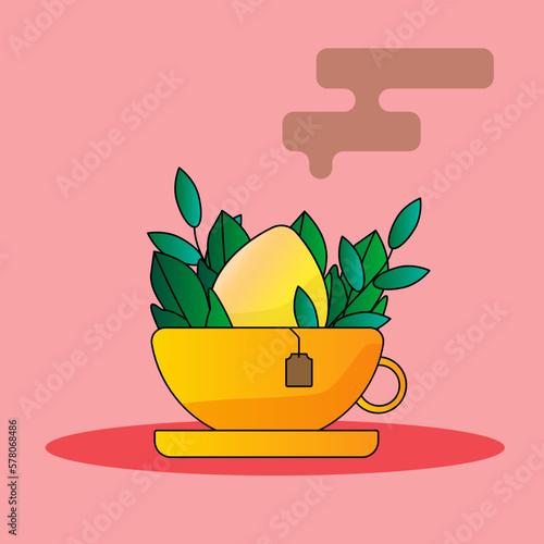 hot tea with lemon and herbs in a yellow cup on a red background