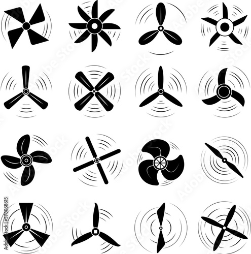 Black airplane propellers symbols. Propeller blade elements, rotate flight motor. Turbine rotating, electric fan or marine screw decent vector logos