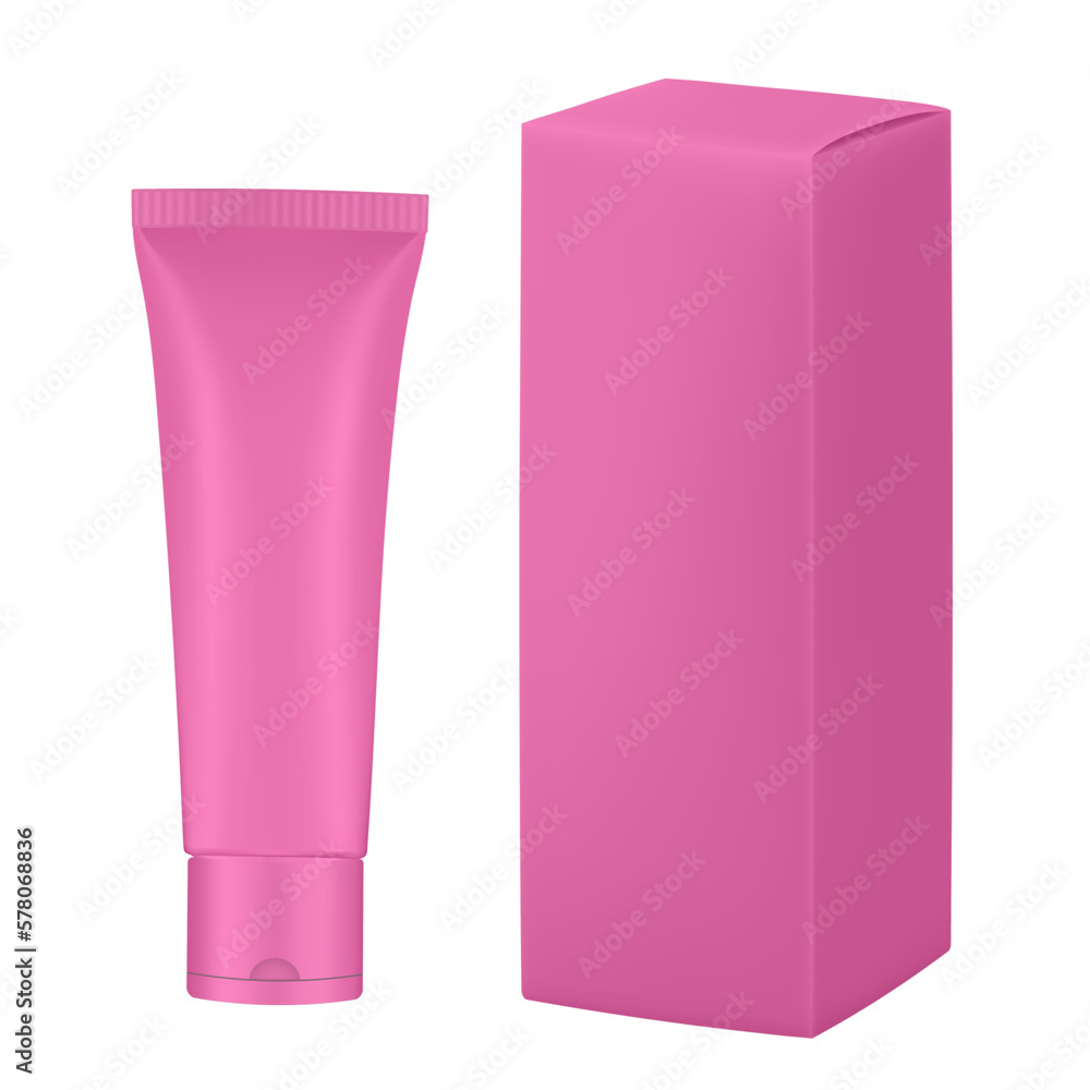 Set of pink plastic tube and box. Realistic mockup. Ointment or salve. Gel serum. Korean packaging. Blank cardboard package Set of pink plastic tube and box. Realistic mockup. Ointment or salve. Gel serum. Korean packaging. Blank cardboard package