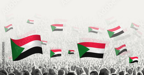 Abstract crowd with flag of Sudan. Peoples protest, revolution, strike and demonstration with flag of Sudan.