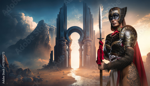 Art of tattooed barbarian woman with spear and red cloak against mythical gates.