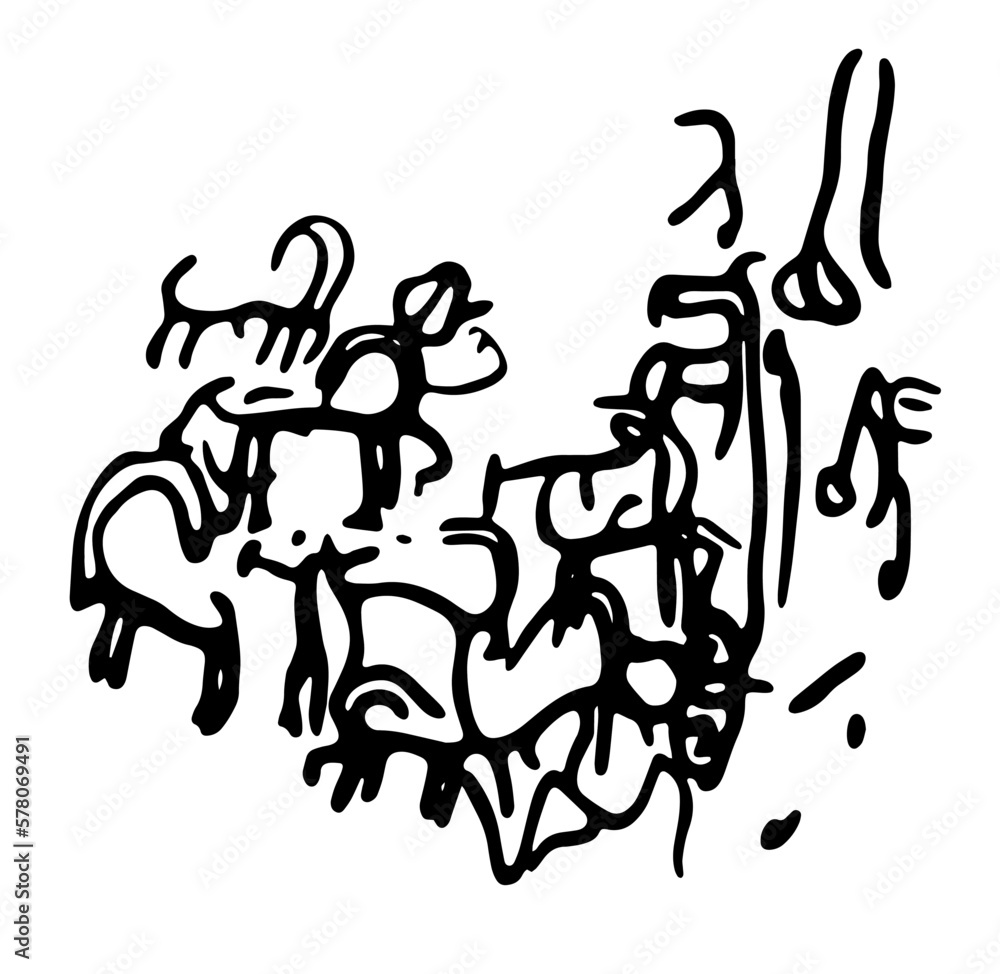 Vector illustration of rock paintings depicting domestic animals in a pasture. Prehistoric rock petroglyphs discovered in Armenia Vector illustration of rock paintings depicting domestic animals in a pasture. Prehistoric rock petroglyphs discovered in Armenia