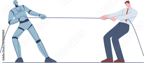 Robot vs person competition. Machine doing challenge to person, career battle. Businessman corporate struggle with artificial intelligence, kicky vector scene