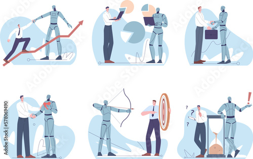 Robot and people. Robots vs business person on work. Programmers competition with ai, android working in office and analytics. Kicky robotic vector scenes