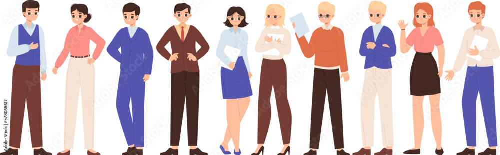 Young adult business characters. Secretary managers in suit, corporate office adults. Start up entrepreneur, person at work snugly vector characters