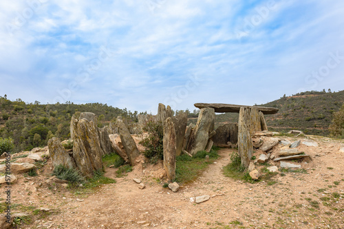 Dolmen number 1 of Megalithic formation of Dolmen de El Pozuelo. The archaeological site of El Pozuelo is located on rustic land in the municipality of Zalamea la Real, in Huelva, Andalusia, Spain