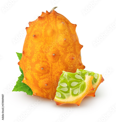 Isolated kiwanos. Whole kiwano melon fruit and two pieces with leaves isolated on white background with clipping path © artemkutsenko