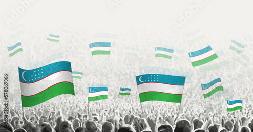 Abstract crowd with flag of Uzbekistan. Peoples protest, revolution, strike and demonstration with flag of Uzbekistan.