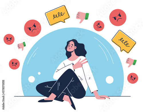 Social negative aggression feedback bad communication protection bubble. Comfort zone concept. Vector graphic design element illustration