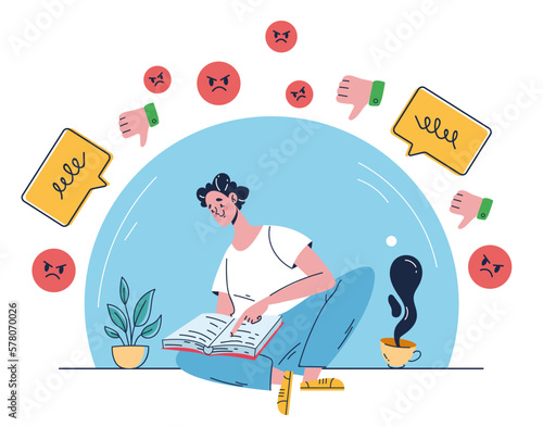 Social negative aggression feedback bad communication protection bubble. Comfort zone concept. Vector graphic design element illustration
