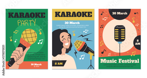 Karaoke microphone mic music retro poster banner flyer concept set. Vector graphic design element illustration