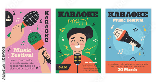 Karaoke microphone mic music retro poster banner flyer concept set. Vector graphic design element illustration