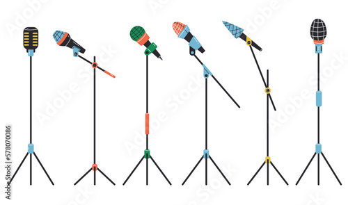 Studio microphone mic stand stick stage isolated set. Vector graphic design element illustration