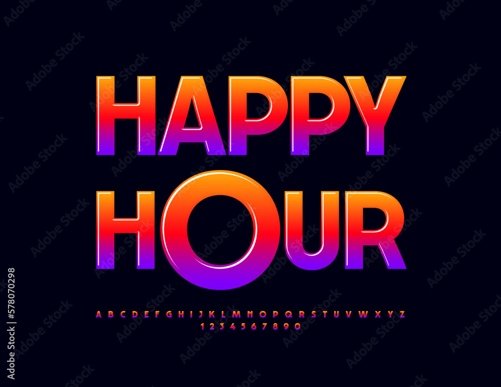 Vector promo poster Happy Hour. Colorful gradient Font. Trendy glossy Alphabet Letters and Numbers set