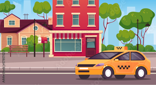 Taxi car service cab standing on city street road door concept. Vector graphic design illustration element
