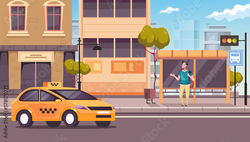 Taxi car service cab standing on city street road door concept. Vector graphic design illustration element
