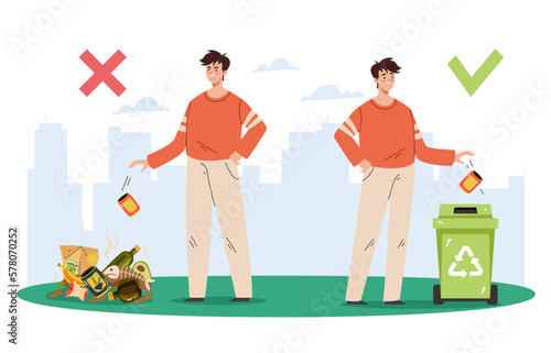 Trash throw litter garbage recycle waste drop concept. Vector graphic design illustration element