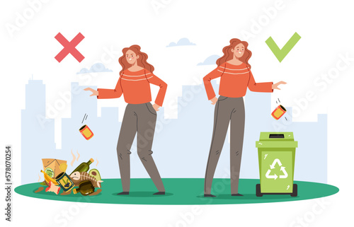 Trash throw litter garbage recycle waste drop concept. Vector graphic design illustration element