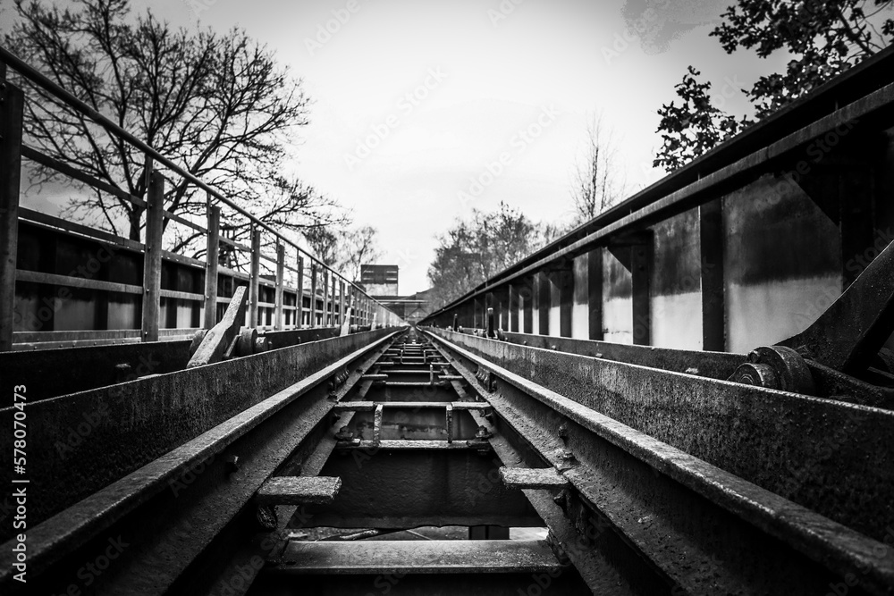 coal transport rail in black and white