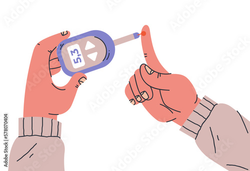 Diabetic blood glucose sugar test glucometer meter level concept. Vector graphic design illustration