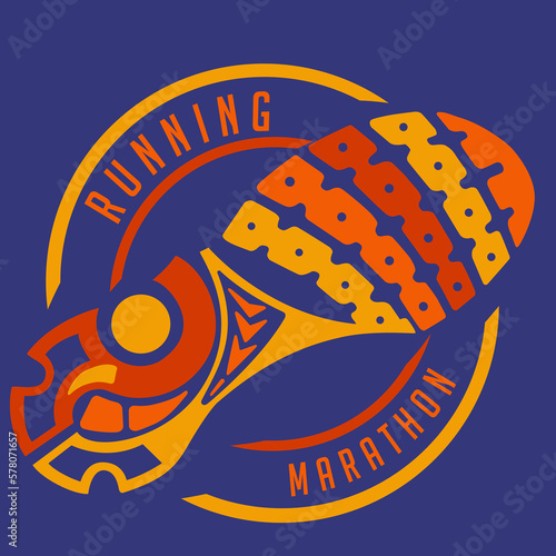 round running logo with foot print drawing with running marathon writing in orange color with blue background