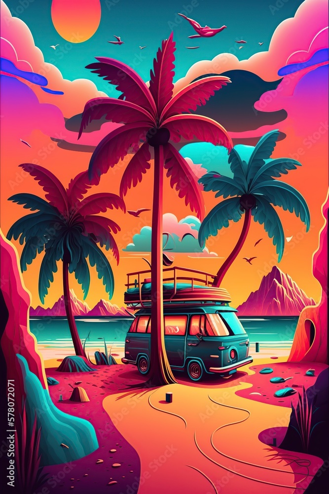 cartoon illustration with bright colors, beach vacation, ai generative