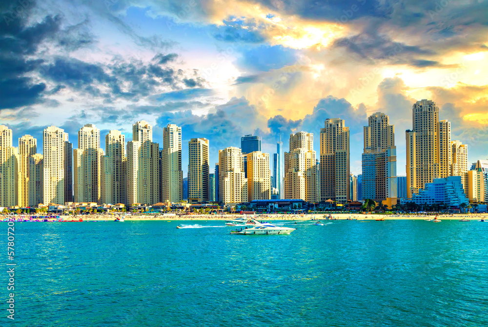 An exquisite postcard view of Dubai featuring modern architecture, luxurious yachts, and the sparkling sea An exquisite postcard view of Dubai featuring modern architecture, luxurious yachts, and the sparkling sea