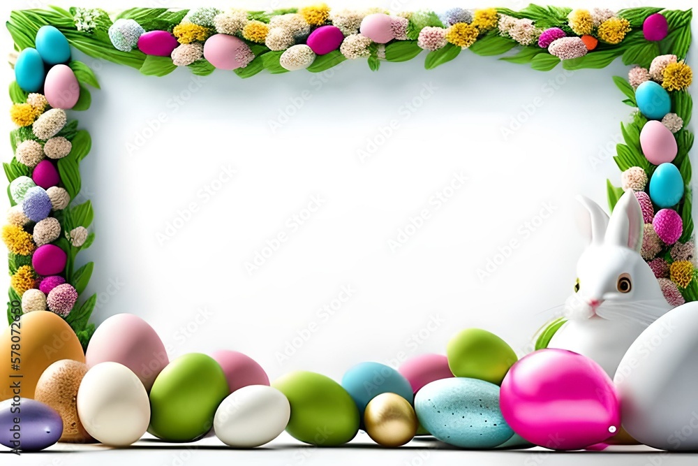 Obraz premium a colorful border made of Easter eggs, with a large cute white bunny in the bottom right corner against a white background