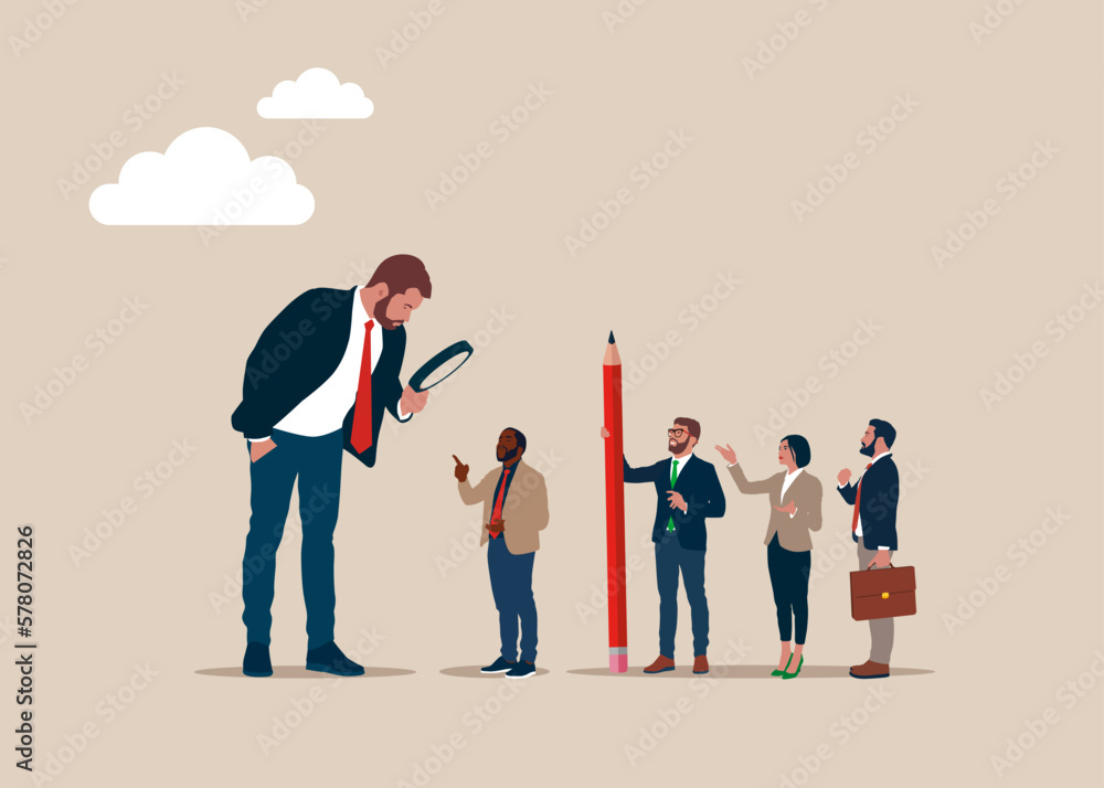 Businessman or HR use magnifying glass to choose job interview people. Searching the best candidate or job. Modern vector illustration in flat style. Businessman or HR use magnifying glass to choose job interview people. Searching the best candidate or job. Modern vector illustration in flat style.