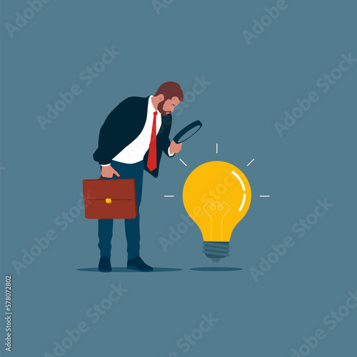 Businessman verify or validate light bulb idea and make approval. Analyze and choose best business idea. Modern vector illustration in flat style.