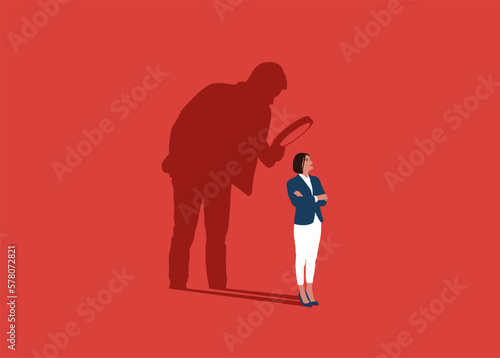 Searching the best candidate or job.  HR use magnifying glass to choose job interview people. Modern vector illustration in flat style.