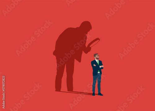 Businessman with shadow using magnifying glass to analyze himself. Self-assessment, find plan, goals life or work. Modern vector illustration in flat style