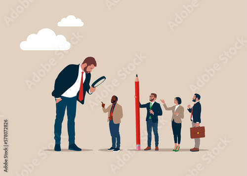 Businessman or HR use magnifying glass to choose job interview people. Searching the best candidate or job. Modern vector illustration in flat style. 