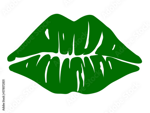 Beautiful green lip silhouette isolated on white. Decorative print of female lips for St Patrick's day design. Kiss me. Vector stock illustration.