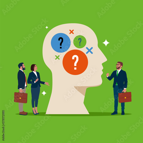 Brainstorm business people, self questioning and decision making.  Modern vector illustration in flat style. 
