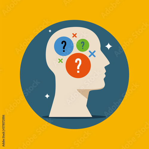 Brainstorm, self questioning and decision making. Modern vector illustration in flat style. 