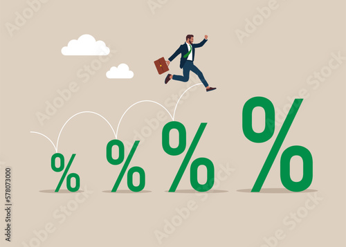 Businessman jump for a large percentage. Get more benefits. Modern vector illustration in flat style