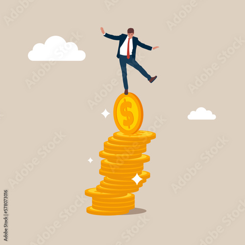 Businessman on unstable coins. Financial instability. Modern vector illustration in flat style