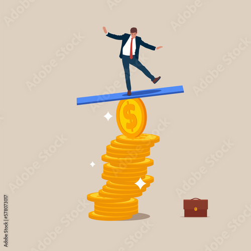 Businessman on unstable coins. Financial instability. Flat vector illustration