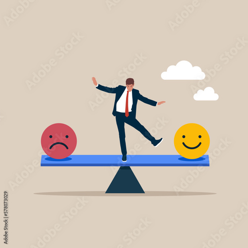 Businessman try to balancing his emotion. Emotional intelligence balance, emotion control feeling. Modern vector illustration in flat style