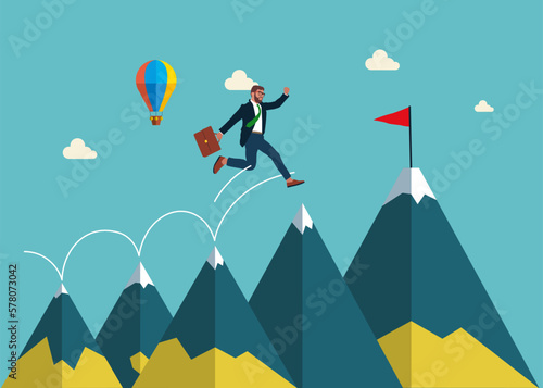 Businessman jumping to new mountain. Self development. Modern vector illustration in flat style