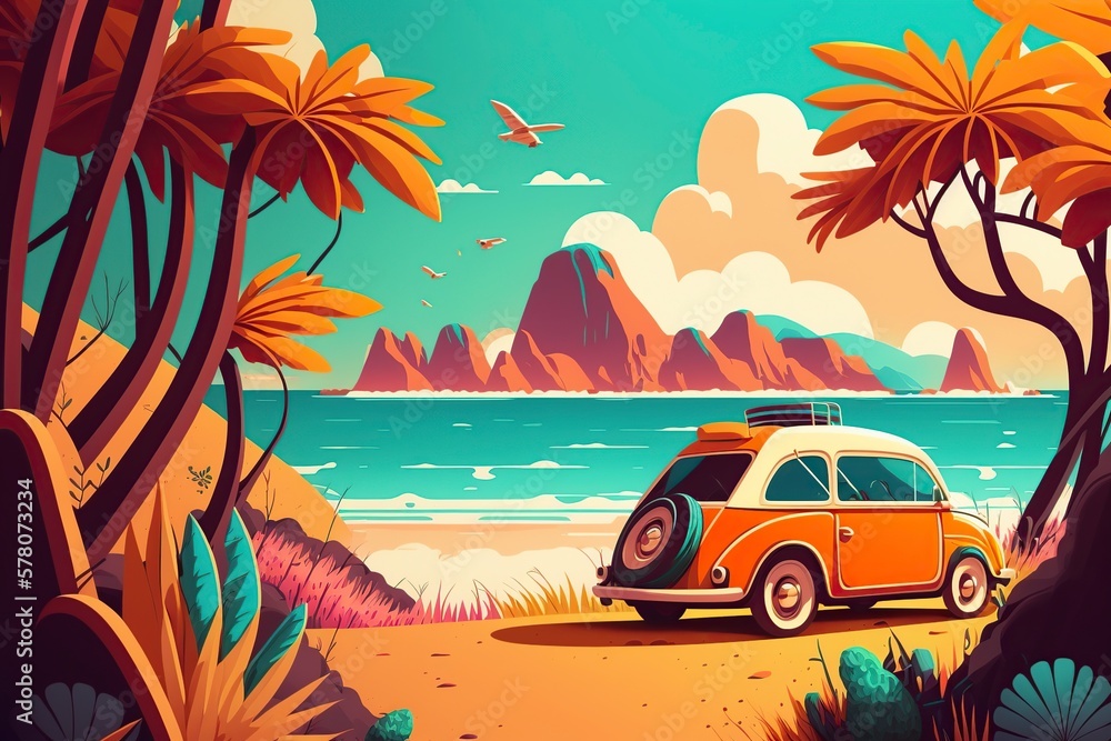 cartoon illustration with bright colors, beach vacation, ai generative