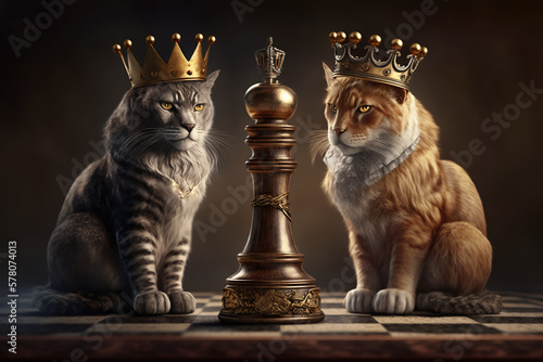 Fotografia The Royal Cat King chess pieces on a chess board, winner of bussiness and successfully, management or leadership strategy and teamwork concept